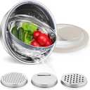 E-far Colander with Mixing Bowl Set, 4-1 Stainless Steel Colander Strainers Bowl with Graters for Kitchen, Rotatable Food Strainer Bowl for Rinsing Fruits Vegetables/Draining Pasta - Khaki