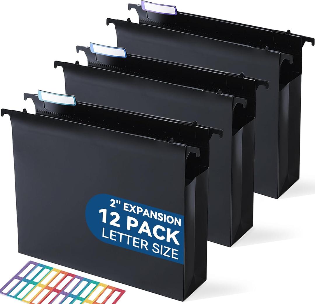 Plastic Extra Capacity Hanging File Folders, 2" Expanding Pocket, Heavy Duty for Filing Cabinet, Insertable 1/5-Cut Tabs, Letter Size - 12 Pack (Black)