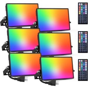 Onforu 6 Pack RGB LED Flood Light Outdoor, 70W Color Changing Uplights with Remote, 2700K Warm White IP66 Stage Lighting, Landscape Floor Spotlights Indoor, Uplighting Indoor Floor Light for Christmas