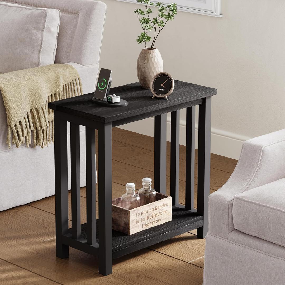 ChooChoo Black End Table for Small Spaces, Narrow Side Table, Night Stand with Storage Shelf for Living Room and Bedroom, 11.81 x 23.62 x 23.62 inches
