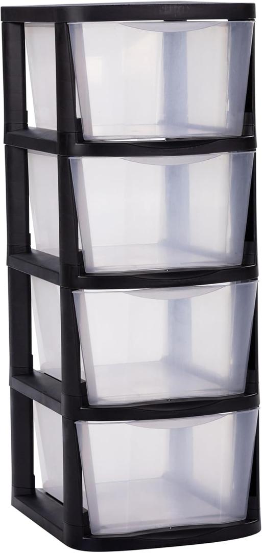Plastic 4-Drawer Storage Tower, Clear Sliding Regular-Duty Bins for Crafts,. Toys, Classroom, Art Supplies and Home Organization - Black