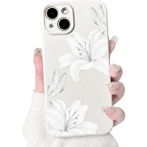 NITITOP Compatible with iPhone 13 Case Cute Lily Flowers Floral Butterfly for Women Girls Slim Fit Soft TPU Bumper Silicone Shockproof Full Camera Protective Cover - White