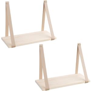 Leather Strap Wood Floating Wall Shelf Wooden Shleves Wall Organizer Wall Mount Shelf Home Decor Kitchen Living Room BedroomBeige Set of 2