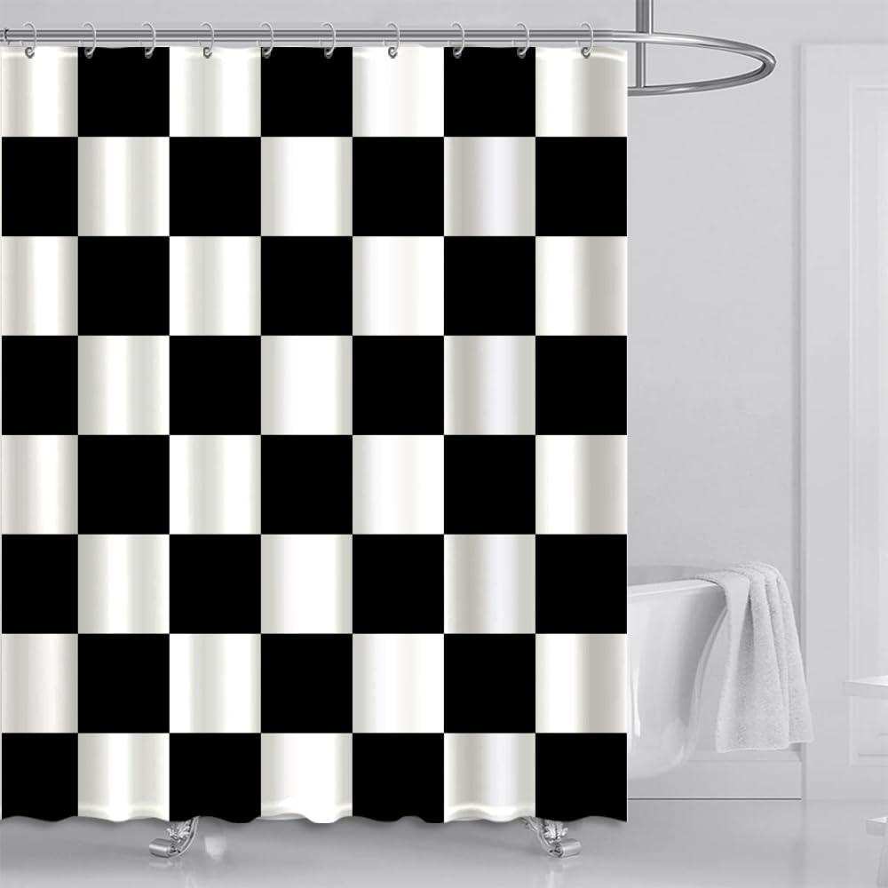 72x72 Inches Black and White Checkered Shower Curtain Cute Retro Checkerboard Vintage Aesthetic Theme Children Baby Shower Bathroom Decorations Polyester Fabric Bathtub Supplies