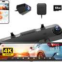 WOLFBOX 12" 4K Rear View Mirror Camera with 5.8GHz WiFi and Voice Control, Smart Mirror Dash Cam Front and Rear, Backup Camera with 1080P Rear Camera, Dash Cam with WDR, Includes 64GB Card & GPS