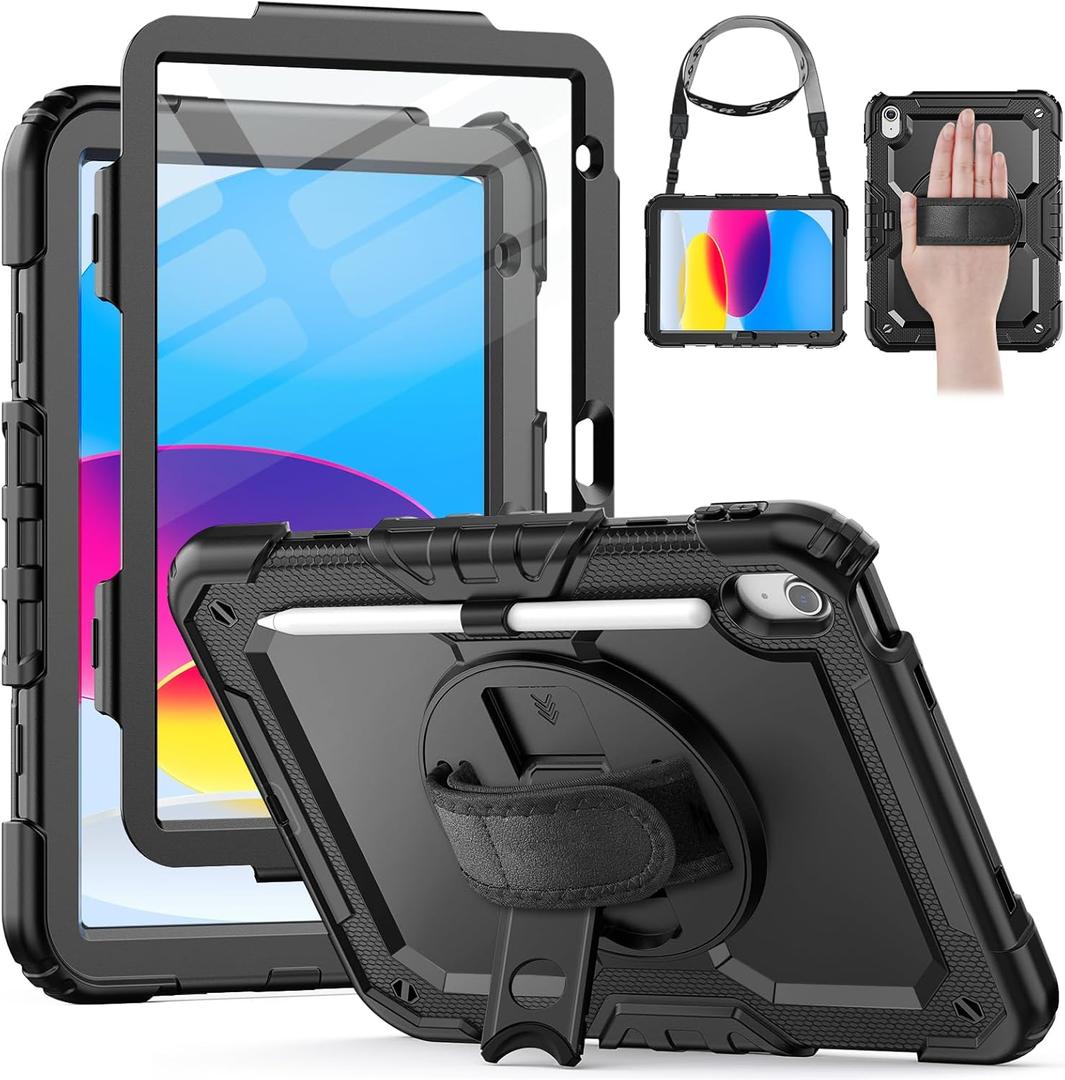 HXCASEAC Case for A16 iPad 11th/10th Generation, Heavy Duty Protective, with Screen Protector, Pencil Holder, 360 Stand, Hand Strap, Shoulder Strap, (A2969/A2757/A3354/A3355/3356), Black