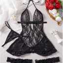 SOLY HUX Women's Lace Babydoll Halter Lingerie Dress and Thongs Nightwear with Leg Rings 4 Piece Set (Black, XL)