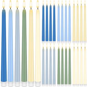Baquler 24 Pcs 11'' LED Flameless Taper Candles Blue Sage Green Beige Battery Operated Taper Candles Fake Flickering Light Candlesticks for Wedding Baby Shower Church Home Dinner Christmas Decor