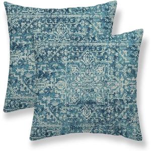 Teal Boho Pillow Covers 18"x18" Set of 2, Bohemian Carpet Pattern Outdoor Decorative Throw Pillows Linen Ethnic Design Rustic Farmhouse Cushion Cases for Couch Sofa Decor