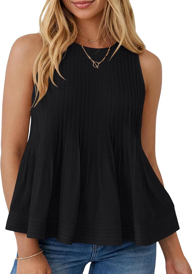 LILLUSORY Womens Peplum Tops Babydoll Linen Tank Tops Flowy Ruffle Pleated Blouses (Black, M)
