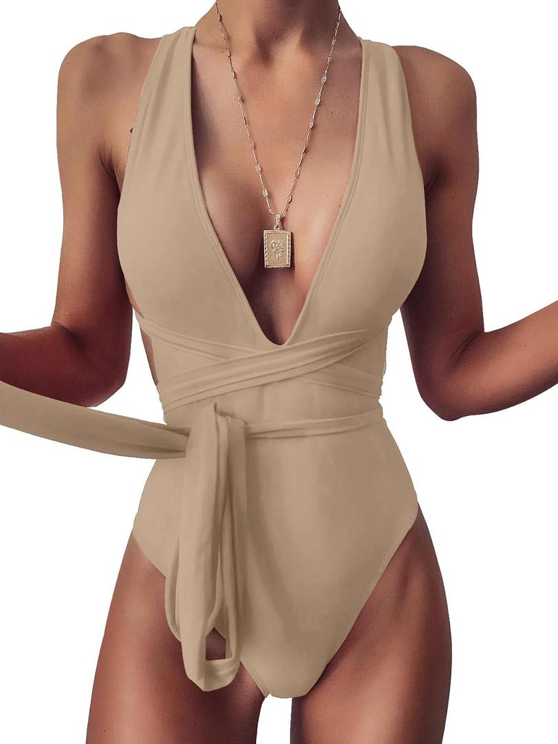 Lilosy Sexy Tie Criss Cross Plunge One Piece Thong Swimsuit High Cut Brazilian Bathing Suit, X Large (Khaki)