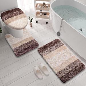 Arotive Microfiber Bathroom Rugs 3 Piece with Toilet Lid Cover, Shaggy Soft and Absorbent Bath Rug, Non-Slip, Machine Washable Bath Mats for Bathroom24x16+24x20+17.5x15, Brown