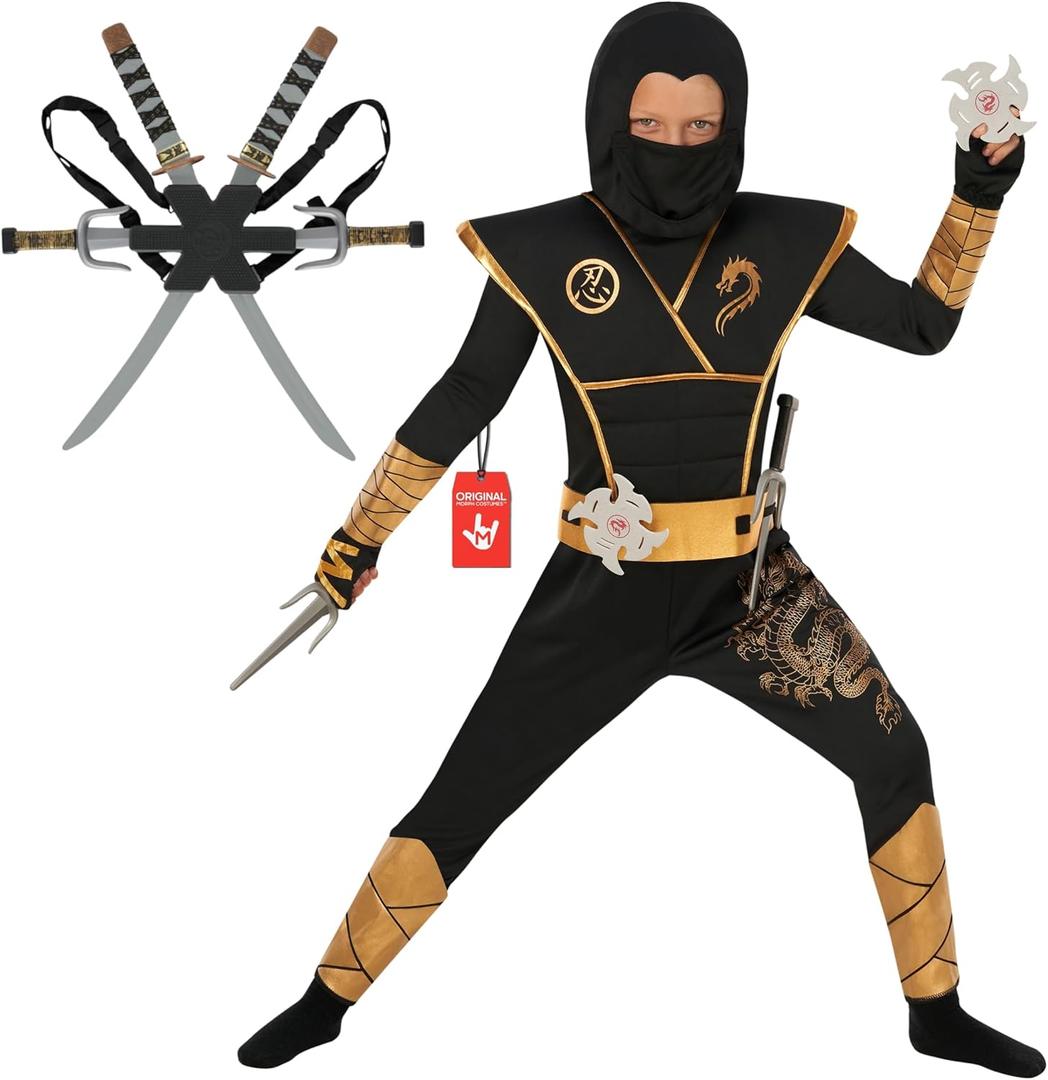 Morph Deluxe Boys Ninja Costume With Ninjas Toy Swords Accessory, Kids Ninja Costumes, Boy Halloween Costume (7-9 Years, Gold)