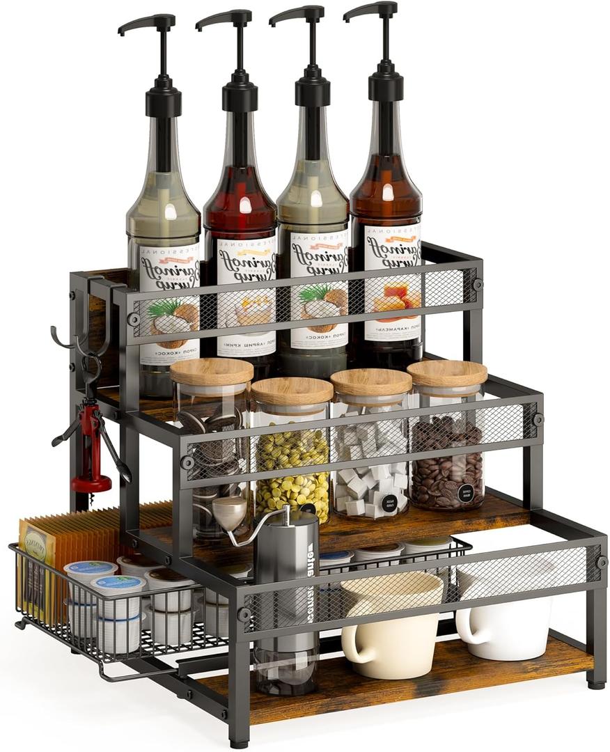 3 Tier Coffee Syrup Rack Organizer, 12 Water Bottles Holder Stand Liquor Cabinet Storage, Wine Rack Countertop Storage Rack Coffee Bar Cabinet for Kitchen