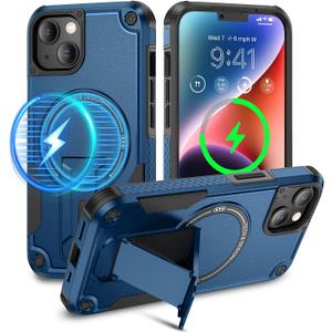 Caka for iPhone 13 Case, iPhone 14 Case [Compatible with MagSafe][Built in Invisible Stand] Military Grade Shockproof Protective Magnetic Phone Case for iPhone 14 & iPhone 13-6.1 inch (Navy Blue)