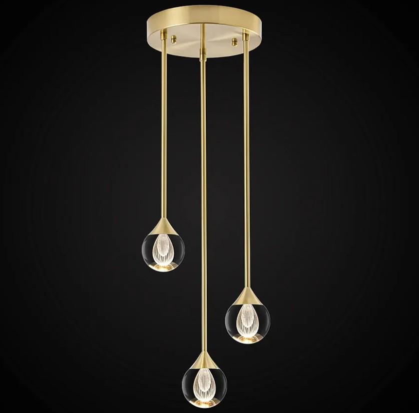 SUNMOO 3-Light Teardrop Crystal Pendant Light, Dimmable LED Crystal Globe Hanging Light Fixture, Modern Ceiling Pendant Lighting for Kitchen Island Dining Room Bedroom Bar 3000K 24W Brush Brass