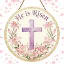 Easter Day Door Sign Wooden Hanging Decor with Rope He is Risen Lily Flowers Religious Cross Easter Door Hanger for Front Door Porch Home Wall Decor Party Outdoor Indoor Easter Day Decor