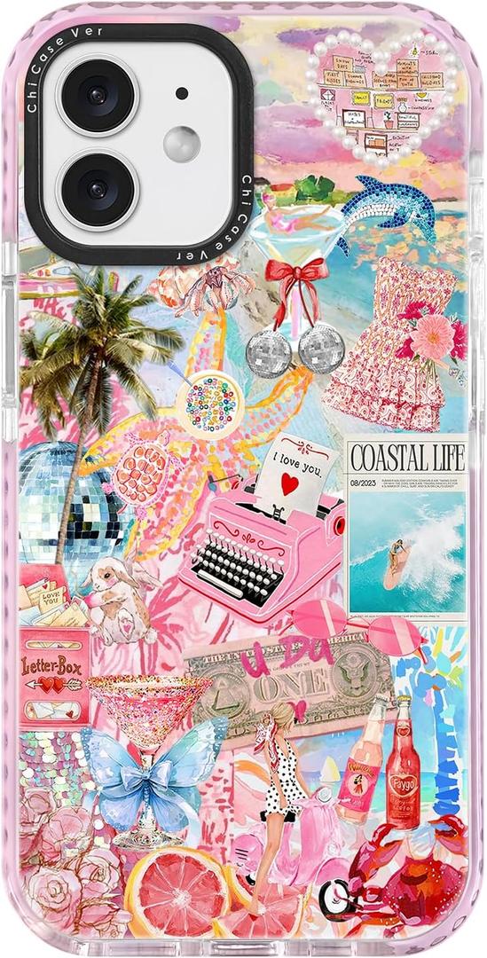 for iPhone 11 Case, Coastal Life Pattern with Tropical Collage, Military-Grade Drop Protection, Pink Paradise Soft Slim TPU Protective Cover with Camera Protection for Women & Girls