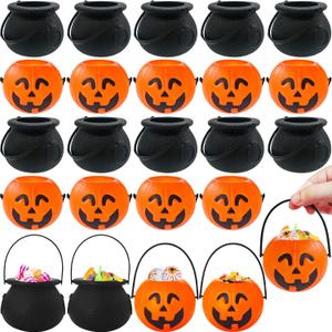 24 Pcs Halloween Mini Candy Holder Buckets,Portable Pumpkin Bucket with Handle,Plastic Halloween Witch Cauldron for Trick or Treat,Kid Party Favors
