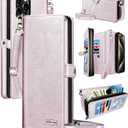 SiHPuoy Leather for Apple iPhone 15 Pro Wallet Case with Card Holder Kickstand, Phone Accessories for Woman Men Women, 2 Pack Screen Protector 2 Pack Camera Lens Cover, Rose Gold