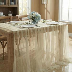 Horaldaily Beige Gauze Table Cloth 60x104 Inch Rectangular, Gauze Cheese Tablecloth, Boho Rustic Farmhouse Cheese Cover for Wedding Party Baby Shower Home Decor