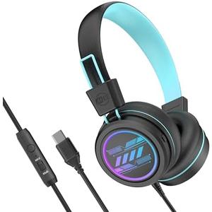 MEE audio KidJamz KJ55 Safe Listening USB-C Headphones for Children with Multicolor LED Lights, Volume Limiter, & Microphone; On-Ear Wired Kid Headset for iPhone 16, iPad, & USB Type C Devices (Black)
