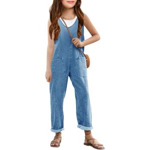 Haloumoning Girls' Denim Overall Jumpsuits Sleeveless V Neck Adjustable Straps Jeans Pants Jumpers with Pockets (4-5T, Light Blue)