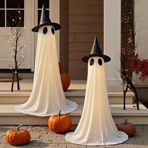 2 Packs Halloween Decorations Outdoor, 5Ft Wind-Resistant Ghost Decor with USB String Lights, Scary Door Decoration Outside Euipped Waterbags & Hats, Ideal for Party Porch Yard Garden Lawn