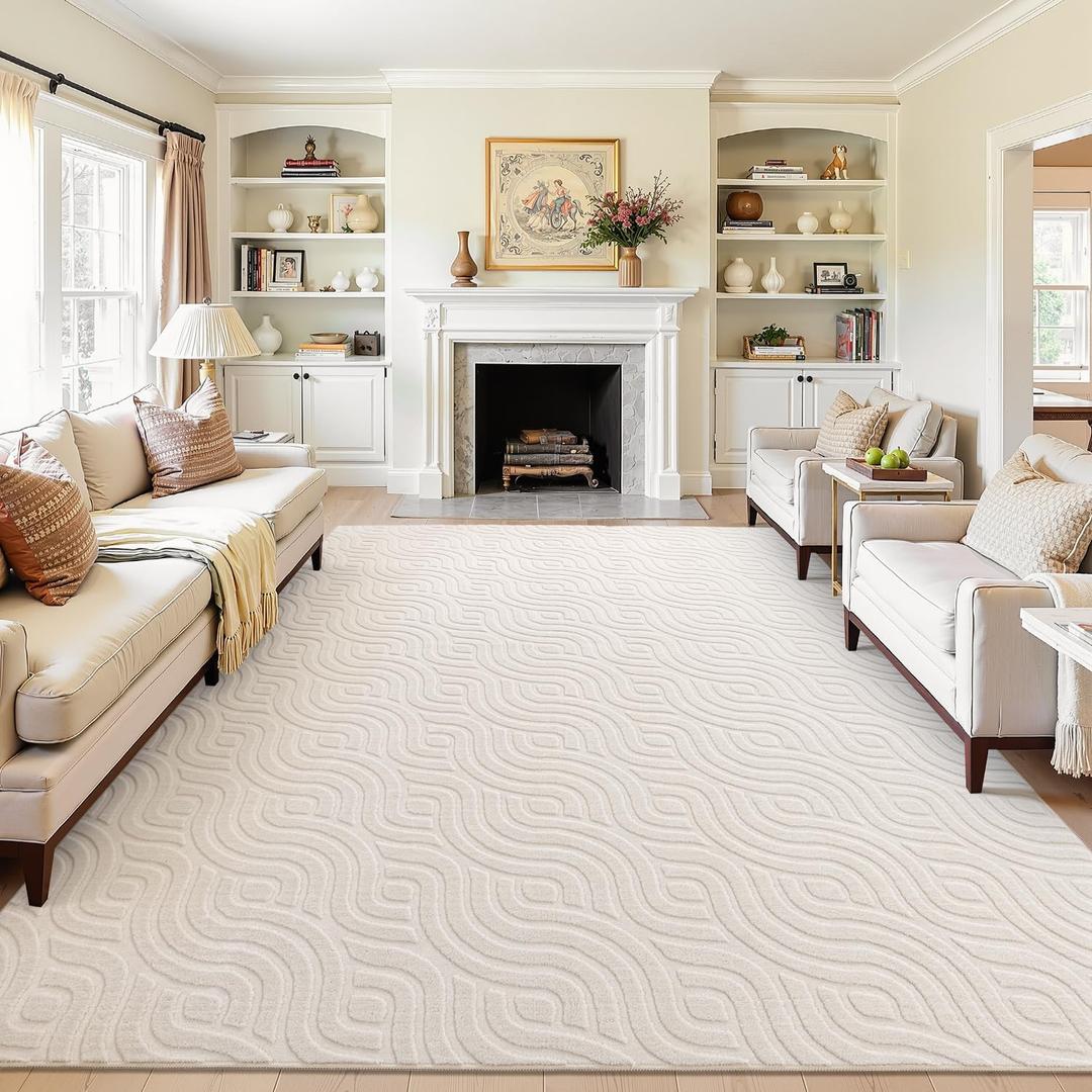SHACOS 9x12 Large Area Rugs for Living Room Beige Solid Color Soft Fluffy Rug for Bedroom Non Slip Washable Indoor Mat Floor Carpet for Kids Room Nursery Office, High-Low Pile Boho Modern Rug