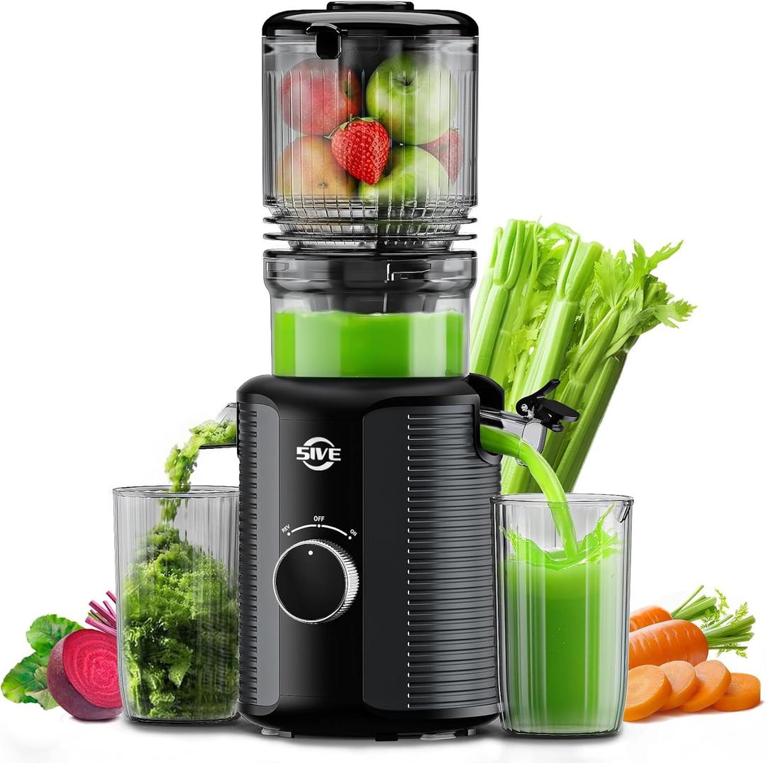 Cold Press Juicer Machine, 5-Inch Wide Chute Masticating Juicer, 1.2L Slow Juicer for Whole Fruits & Vegetables, Easy to Clean Electric Juice Extractor, Juice Maker with Recipe Guide, Black & Gray