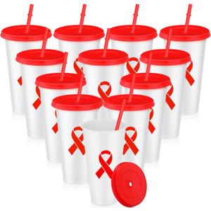 Tioncy 12 Pcs Cancer Awareness HIV/AIDS Red Ribbon Plastic Tumblers with Lids and Straws Inspirational Tumblers Cancer Awareness Gifts for Women Men Survivor Fighter Favors