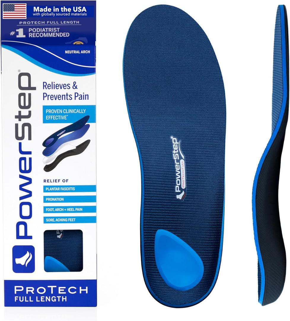 PowerStep ProTech Full Length Orthotic Insoles - Medical Grade Arch Support Inserts for Plantar Fasciitis Relief, Heel Pain, Maximum Cushioning, Memory Foam Orthotics, Made in The USA (Men's 9-9.5 / Women's 11-11.5, White)