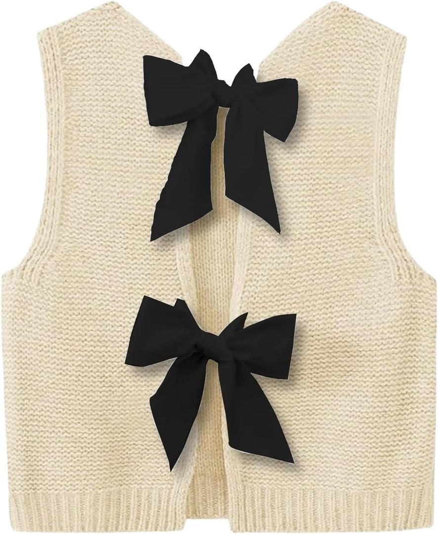 GORGLITTER Women's Bow Sweater Vest Tops Tie Knot Sleeveless Knit Crop Tank Top Cute Summer Vacation Going Out Outfits (Apricot, Small)