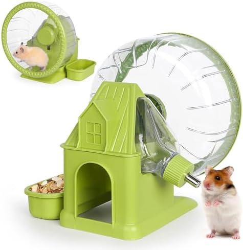 VANNON 4 in 1 Quiet Hamster Exercise Wheel, Multi Functional Hamster House with Running Wheel, Water Bottle, Food Bowl and Hideout, Small Animals Exercise Running Toys for Hamsters Gerbils Mice, Green
