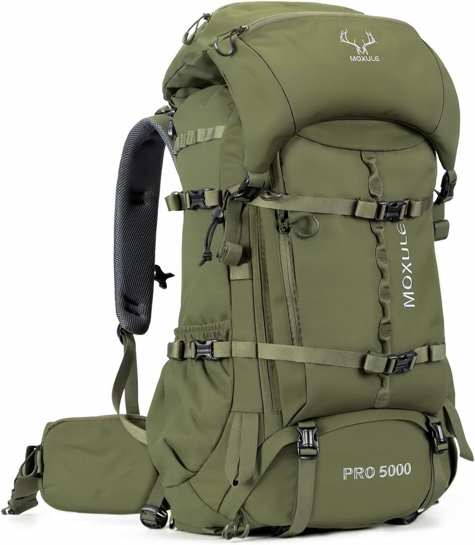 MOXULE Pro 5000 Frame Backpack - Meat Hauler Pack with Rain Cover for Outdoor- Lightweight, Green, 80L