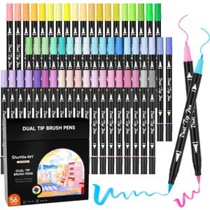 Shuttle Art Pastel Brush Pens, 56 Pastel Colouring Pens, Dual Tip Brush Markers with Fineliner Tip, Drawing Felt Tip Pens for Adults Colouring Books, Painting Sketching Calligraphy and Journaling