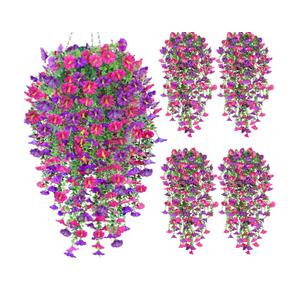 4PCS Artificial Hanging Flowers for Outdoors, Fake Hanging Plants Outdoor UV Resistant Faux Petunias Eucalyptus Realistic Silk Flowers for Planter Porch Garden Balcony Yard Indoor (Purple Fuchsia)