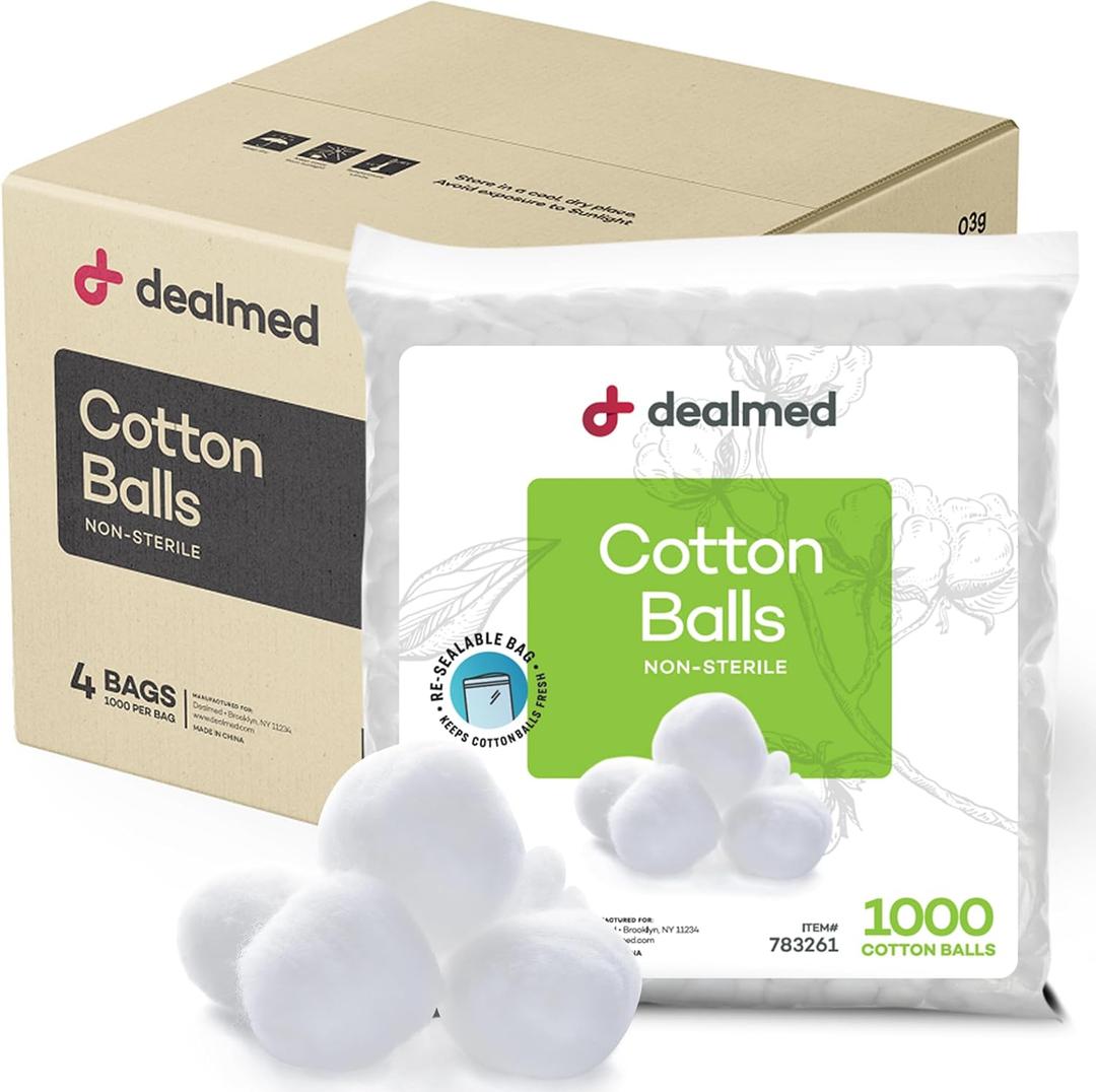 Dealmed 1000 ct. Cotton Balls for Face, Makeup, Medical Uses, & DIY Crafts | Non-Sterile Bulk Pack | Resealable Zip-Locked Bag | 100% Pure Cotton, Soft, Absorbent, Gentle (Case of 4)