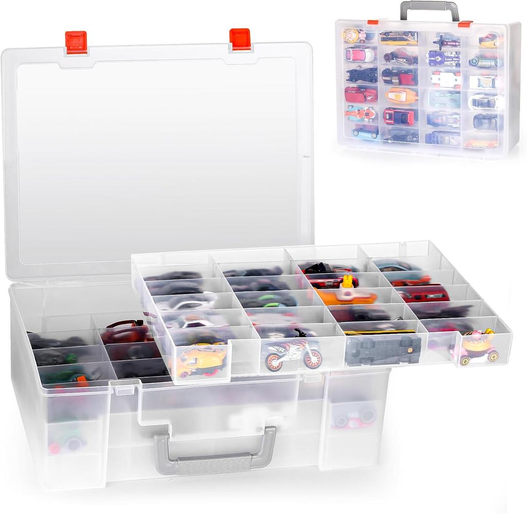 Toy Organizer.72 Compartments.Toy Storage Box Compatible With Hot wheels Cars, Matchbox Cars,Mini Toys and Small Dolls.Toy Storage Display Case With 3 Layers of Removable Trays(Transparent)