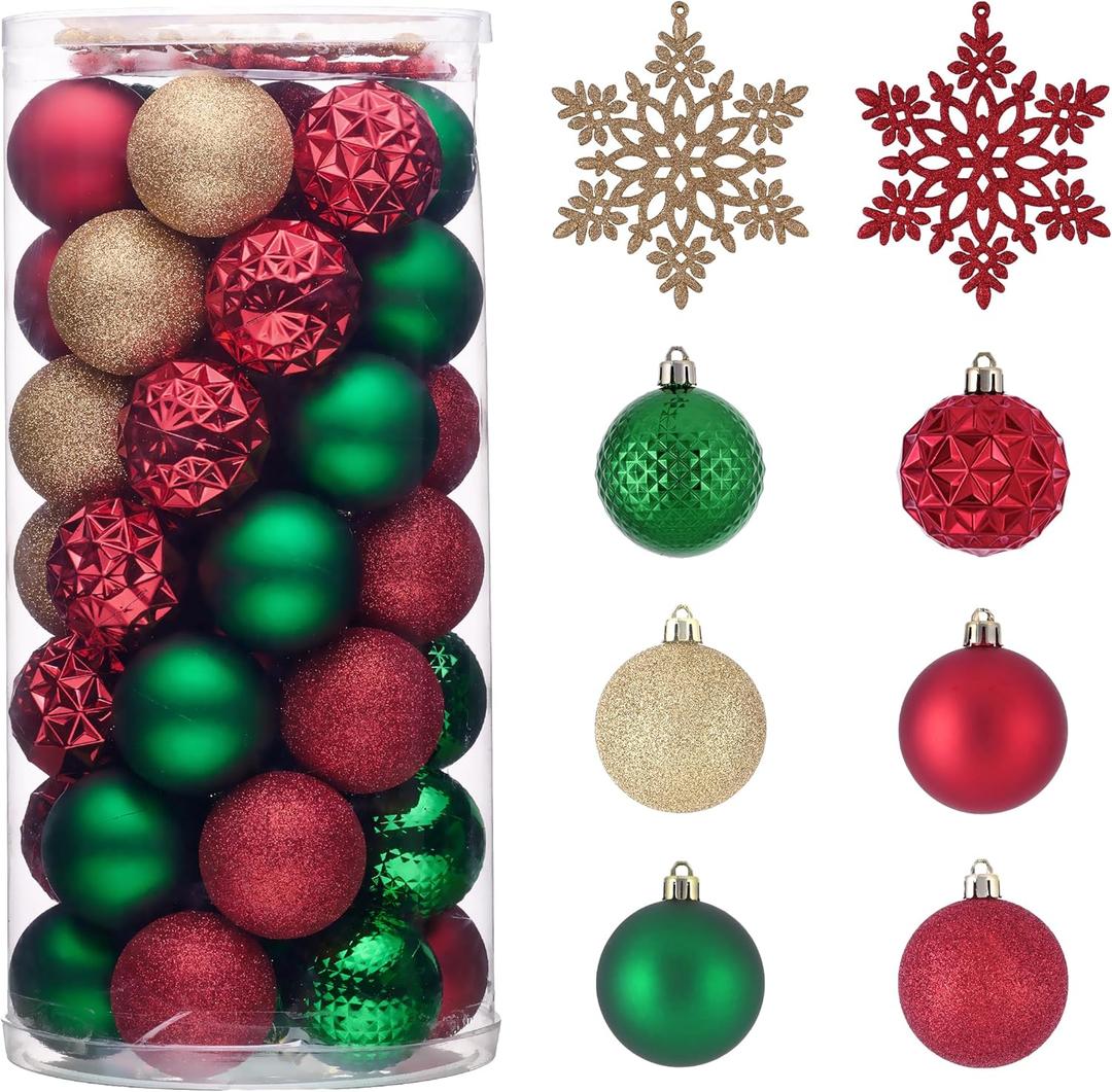 Valery Madelyn Christmas Tree Decorations Ornament Set, 50ct 2.36 Inches Red Green and Gold Shatterproof Christmas Ball Ornaments Hanging Xmas Holiday Party Decor (Large)