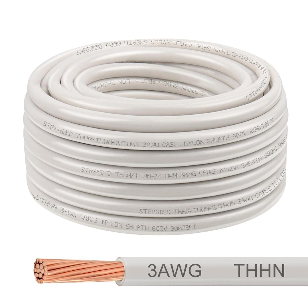 THHN Wire 3 Gauge 50 FT, 3 AWG Stranded OFC Copper Electrical Building Wire with Nylon Jacket PVC Insulation, Rated 600V for Residential, Industrial, CNC, Ground (3 Gauge, White)