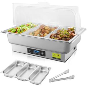 Electric Chafing Dish, Triple Pan Electric Chafing Dish Buffet Set with Temperature Control Display, Roll Top Electric Buffet Servers and Warmers for Catering