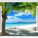 Fake Window Decal - 48"x32" Pre-Cut Vinyl Wall Art (Top & Bottom Panels) | Tropical Beach Palm Trees Mural Sticker | Removable Peel & Stick Decor