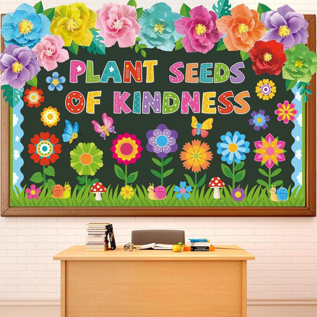 Capoda 3D Spring Flower Bulletin Board Decorations - Plant Seeds of Kindness Colorful Floral Butterfly Cutouts Classroom Spring Door Decorations for Classroom Wall School Office Party Supplies