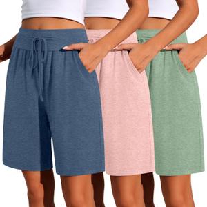 Neer 3 Pack Bermuda Shorts for Women Wide Leg High Waisted Drawstring Gym Lightweight Baggy Shorts with Pockets, M