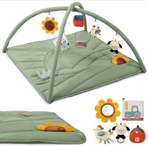 Beautiful Baby Play Gym and Tummy Time Mat - Soft Mat with 5 Farm Toys Creates The Perfect Activity Area for Your Girl/Boy - Stylish Infant Floor Playmat Fits Nicely with Any Playroom Decor