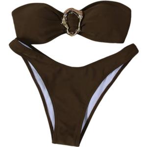 SHENHE Women's 2 Piece Strapless Swimsuits High Cut Metal Ring Tube Top Bandeau Bikini Set (Brown) XS