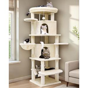 C66 Corner Cat Tree for Large Cats, 66inch Tall Curved Series Large Cat Tower for Multiple Indoor Cats with 6 Scratching Posts, 2 Spacious Cat Condos, Hammock, Hanging Basket, Beige