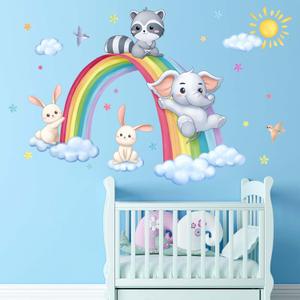 Rainbow Animal Wall Stickers - Elephant Rabbit Raccoon Wall Decals - Baby Nursery Kids Boy Girls Room Daycare Playroom Classroom Wall Decor