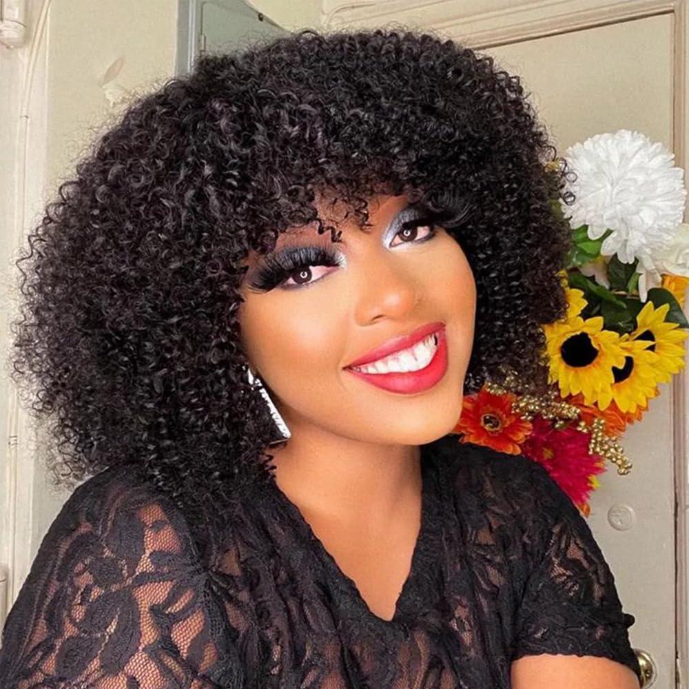 Short Kinky Curly Wig with Bangs Human Hair for Black Women Short Curly Bang Wig 250% Density Curly Bob Glueless Wig (12 inch)